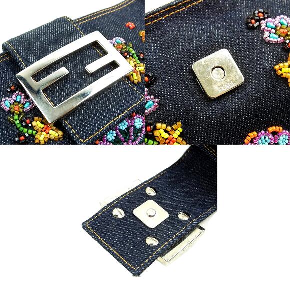 Authentic FENDI Mamma Denim Mini Baguette Floral Beaded Shoulder Bag Purse FF - Picture 5 of 7